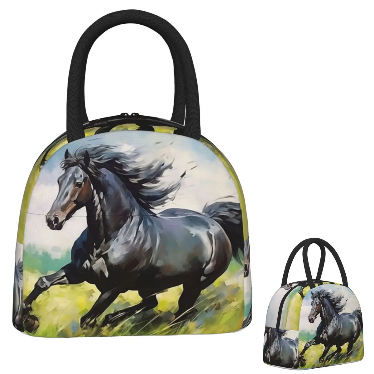 

Galloping Black Horse In The Fields Изолированная сумка для обеда для женщин и детей Портативные коробки для еды Термальный ланч-бокс Tote