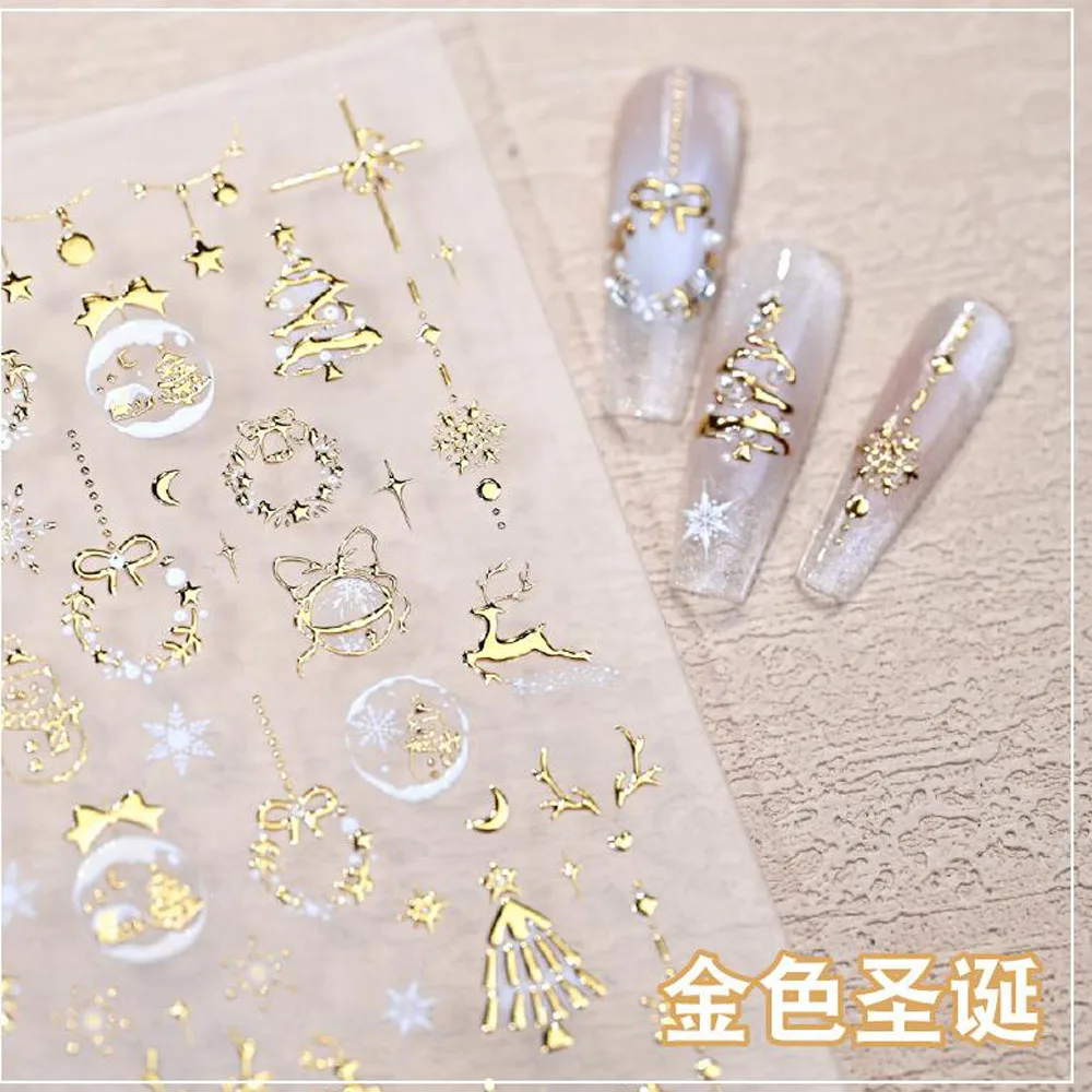 5D Goldprägung Schleife Ball Hirsch Weihnachten Nagelaufkleber Glänzender Kranz Weihnachtsbaum Kristall Nagelaufkleber Winter Nageldekoration