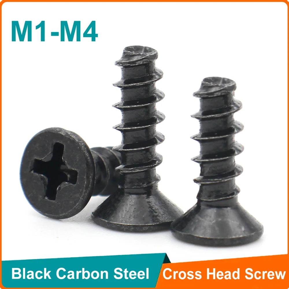 50-500pcs Black Carbon Steel M1 M1.2 M2 M2.3 M2.6 M3 M4 Mini Screw Phillips Cross Recessed Countersunk Head Self-tapping Screw