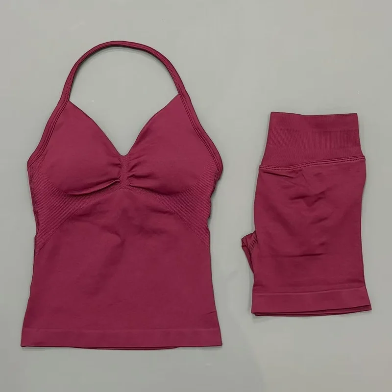 Yoga 2-delige gymset Dames Backless Halter Tops Hoge taille Naadloze shorts Gympak Fitness Sportbeha's Sportkleding Workout-sets