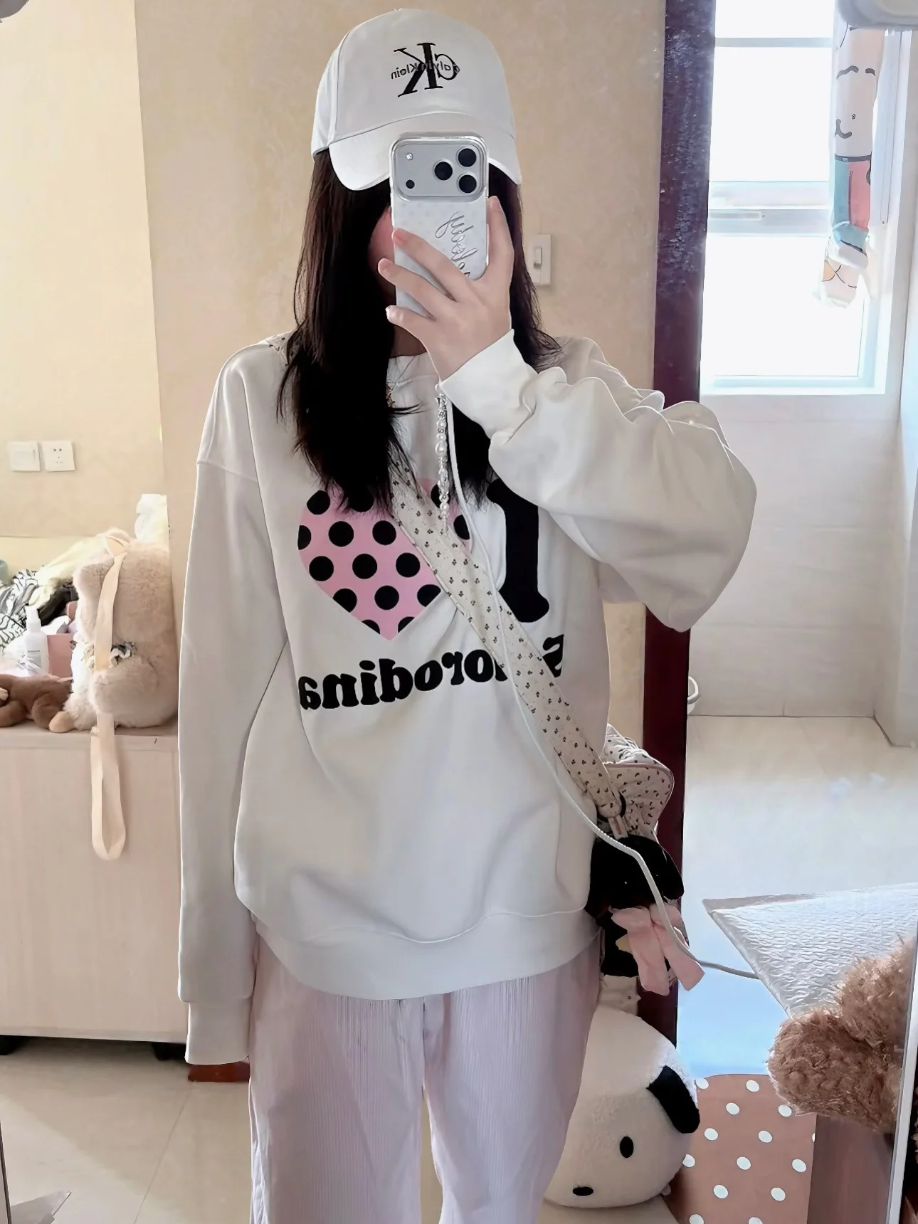 American Style Heart Pattern Polka Dot Print round Neck Sweatshirt Women's Spring Autumn Loose Lazy Style Hatless Top