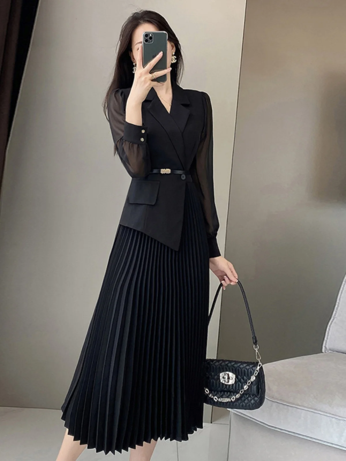 Ele Bla Women's Dr Slimming A-Line High Waist Polyester Fiber Long Sve  Collar Ci Commute Suitable