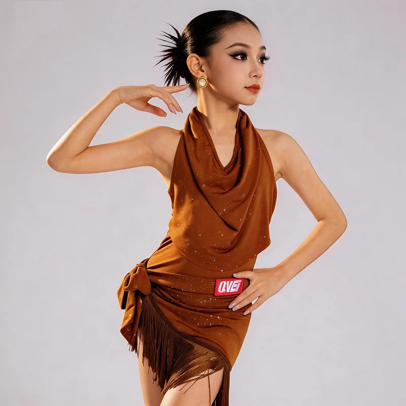 

Детский комплект для латиноамериканских танцев: боди с открытой спиной и юбка с бахромой для девочек, костюм для бальных танцев (румба, ча-ча-ча)