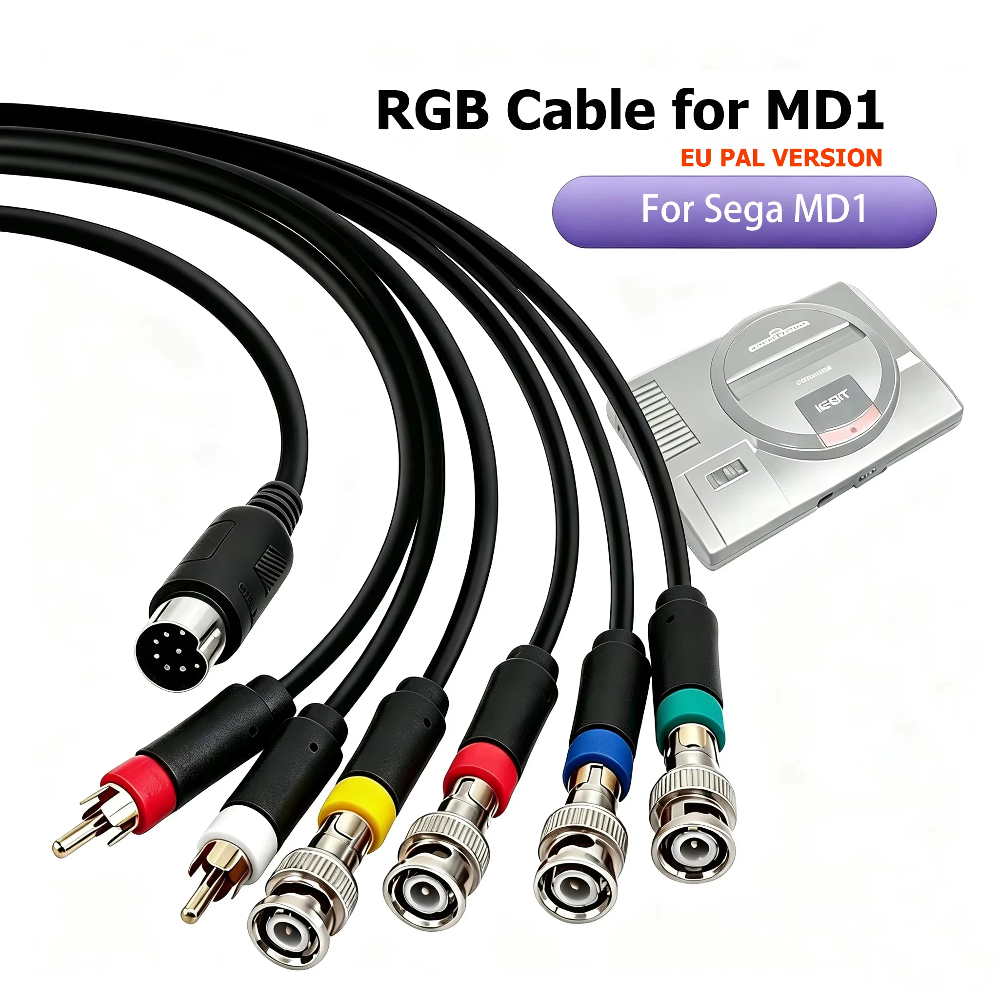 1.8M Black PAL-V Pin RGBS Cable Support BNC(Q9) Connector for Sega MD1 Mega Drive EU PAL Console for CRT Color Monitor