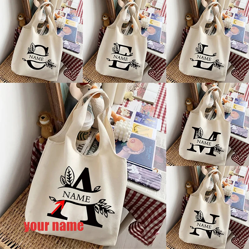 

Initial Custom Name Canvas Bag Large Capacity Handbag Fashion Shoulder Bag Reusable Shopping Bag Gift for Teacher Sisters Friend
