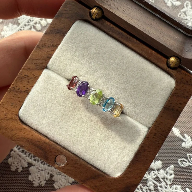 Fashion retro light luxury inlaid colorful gemstone rings for women fresh design high-end ring adjustable party jewelry gift