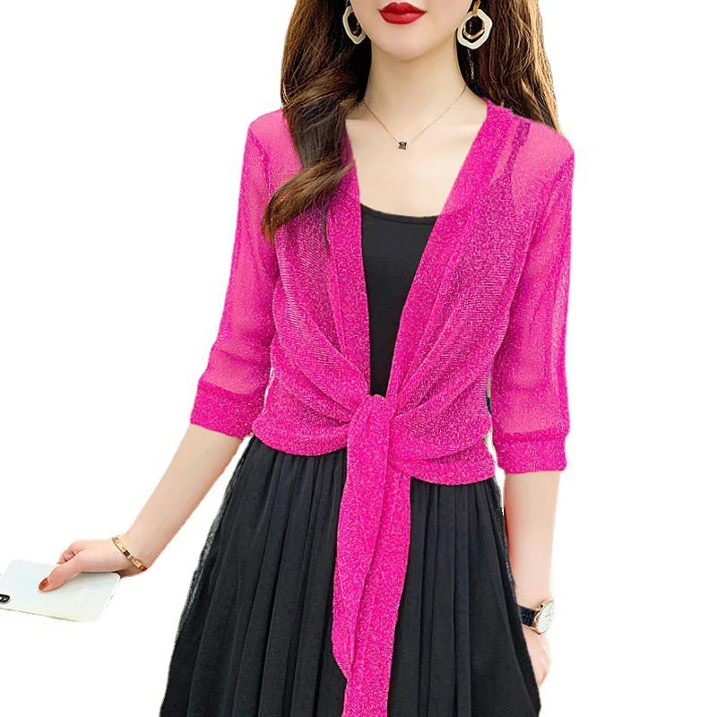 Summer Sheer Glitter Lace-up Cardigan Ladies Sexy Thin Short Jacket Coat Short Type Shawl Sunscreen Loose Blouse