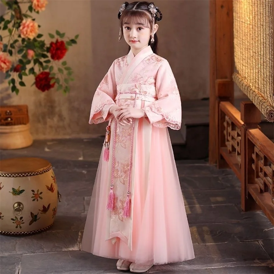 Vestido Floral Hanfu de estilo chino para niña, traje Tang, traje de actuación de baile en escenario Hanfu de manga larga para primavera y otoño