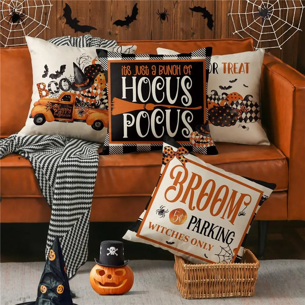 Halloween Pillow Covers of 4 Truck Halloween Decorations Trick or Treat Witch Hat Pumpkin Throw Pillow Covers Buffalo Plaid