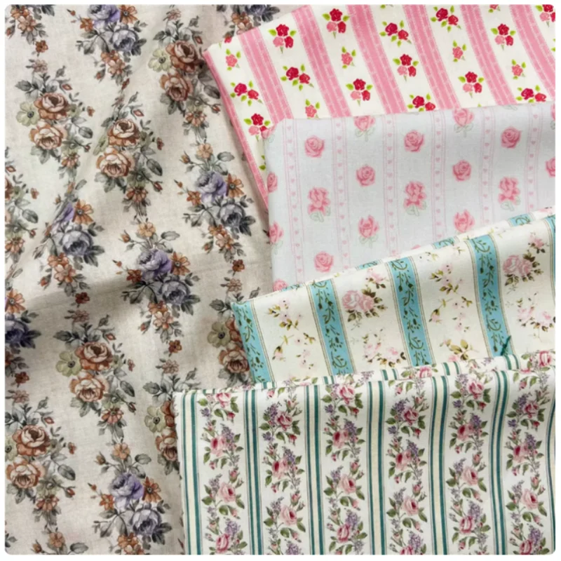 

Retro Stripe Flower Print Pure Cotton Plain Fabric, Handmade DIY Cheongsam, Dress, Notebook Decoration Sewing Tissue, M48