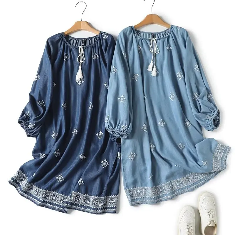 2026 bohème broderie femmes robe en jean à lacets lanterne manches robe en jean pour les femmes boho vacances jean boho robe