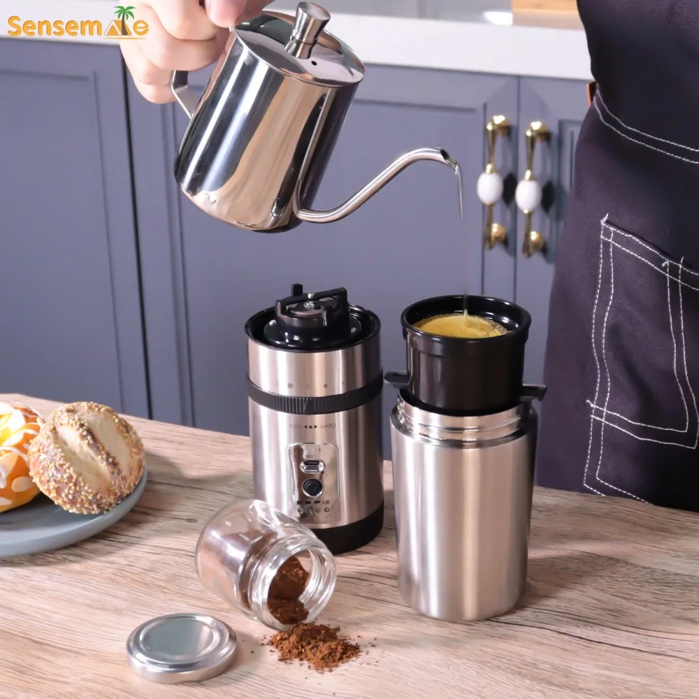 2024 New Portable Pour Over Single Serve Coffee Maker Kit with Electric Grinder Kettle Jar Travel Bag