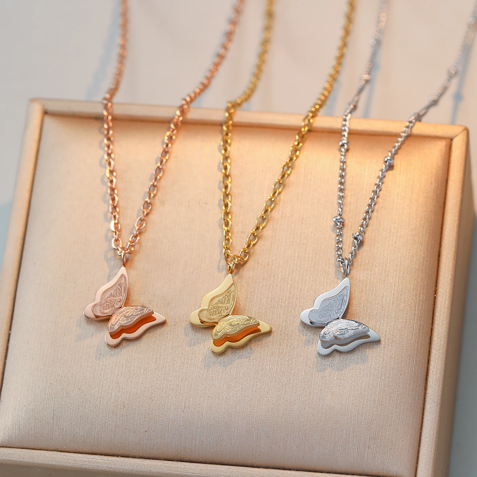 Muslim Quran 304 Stainless Steel Butterfly Necklace With Islamic Scriptures Gold/Silvery Color Arabic Chain Jewelry for Women