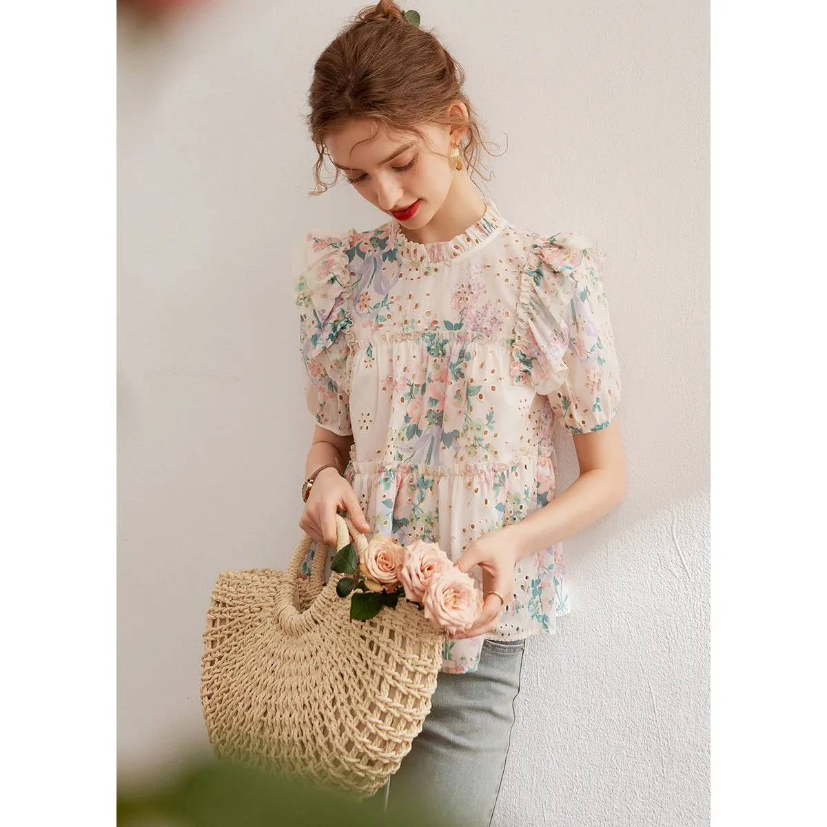 LOUIS YAO Women Embroidery Hollow Out Shirt 2024 Summer Blouses Stand Colloar Short Sleeve Elegant Pullover Top