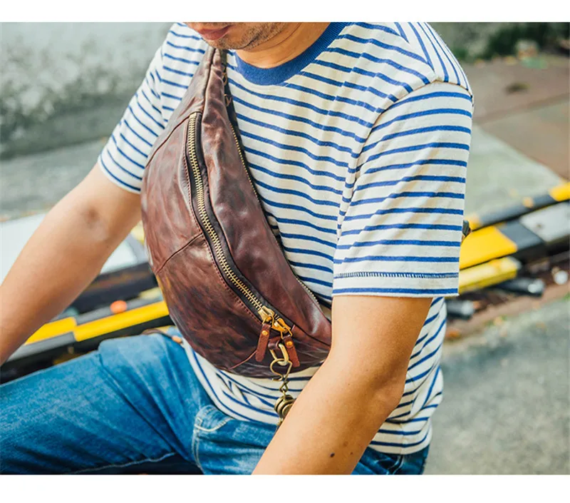 Fashion vintage luxury genuine leather men's chest bag casual natural first layer cowhide youth multifunctional waist packs