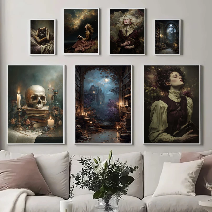 1pc frameless Canvas Painting Dark Academia Skull on Antique Books Portrait Poster Blonde Woman Modern Prints Canvas Wall Art Pi