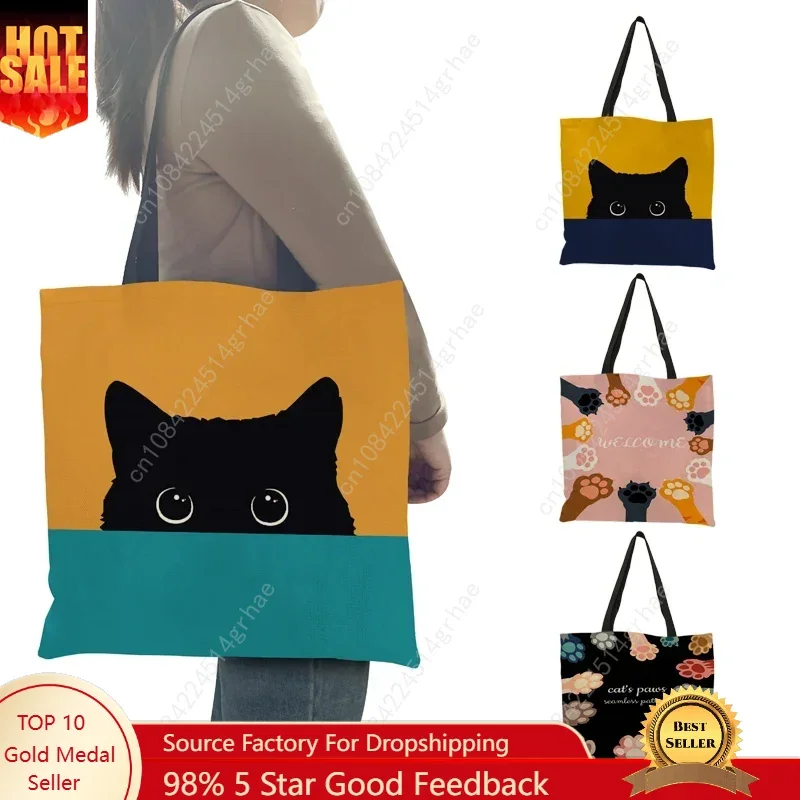 Casual Tote Bag Cute Pet Black Cat Paw Print Women Shoulder Bag Handbag Ladies Eco Reusable Shopper Bags for Grocery Shopping