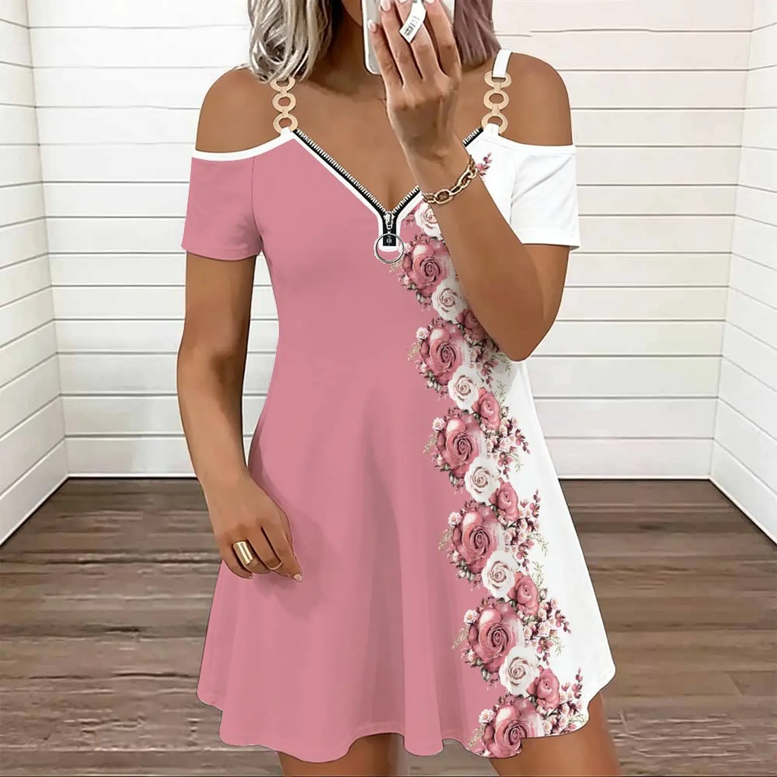 Women Off Shoulder Mini Dress Metal Ring Strap Zipper V Neck Short Sleeve Plaid Leopard Sequin Patchwork Summer Short Dress