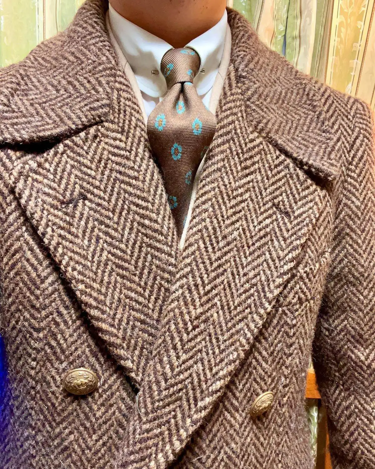 Vintage Men\'s Tweed Long Overcoat Wool Herringbone Suit Double Breasted Tailored Coat