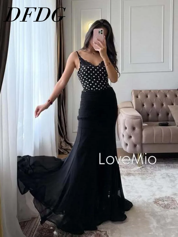 

DFDG Women 2026 Spring Two Piece Set Polka Dot Lace Trim Spaghetti Strap Top High Waist Ruched Maxi Skirt Set Elegant Formal Set