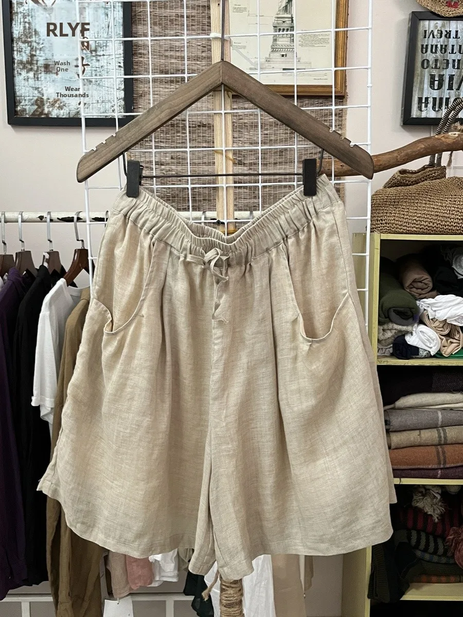 กางเกงขาสั้นผ้าฝ้ายลินินทรงหลวมเอวยางยืดสำหรับผู้หญิงไซส์ใหญ่ สไตล์ลำลอง ใส่สบาย เหมาะสำหรับฤดูร้อน