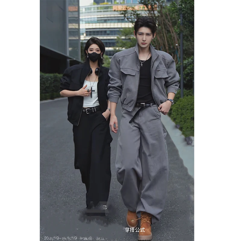Giacca corta unisex con colletto alla coreana Pantaloni larghi a gamba larga Set Autunno Inverno Nuovo streetwear casual alla moda Moda urbana oversize