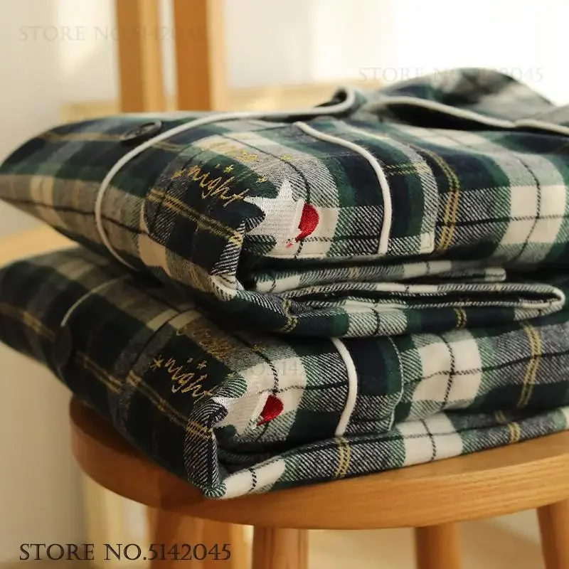 

Couple's Sleepwear Pure Cotton Brushed Pajamas Set Home Clothes Autumn Winter Green Plaid Long Sleeve Trouser Pijamas Suit