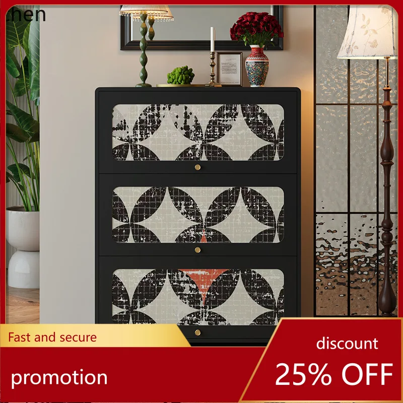 

LXC Retro Geometric Entryway Shoe Cabinet for Home Living Room Wall-Mounted Integrated Solid Wood Functional Storage Cabinet