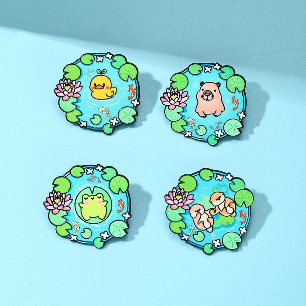 Cartoon Pool Animal Enamel Brooches Lapel Pins Guinea Pig Frog Otter Duck Lotus Flower Cute Fun Animal Metal Badge Jewelry Gift