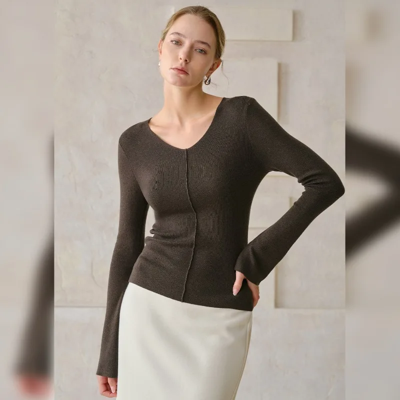 Women's Knitted Wool T-Shirts V-Neck Long Sleeve Slim Fit  Autumn Winter Pullover Sweaters Fashionable Casual Cashemere Tops