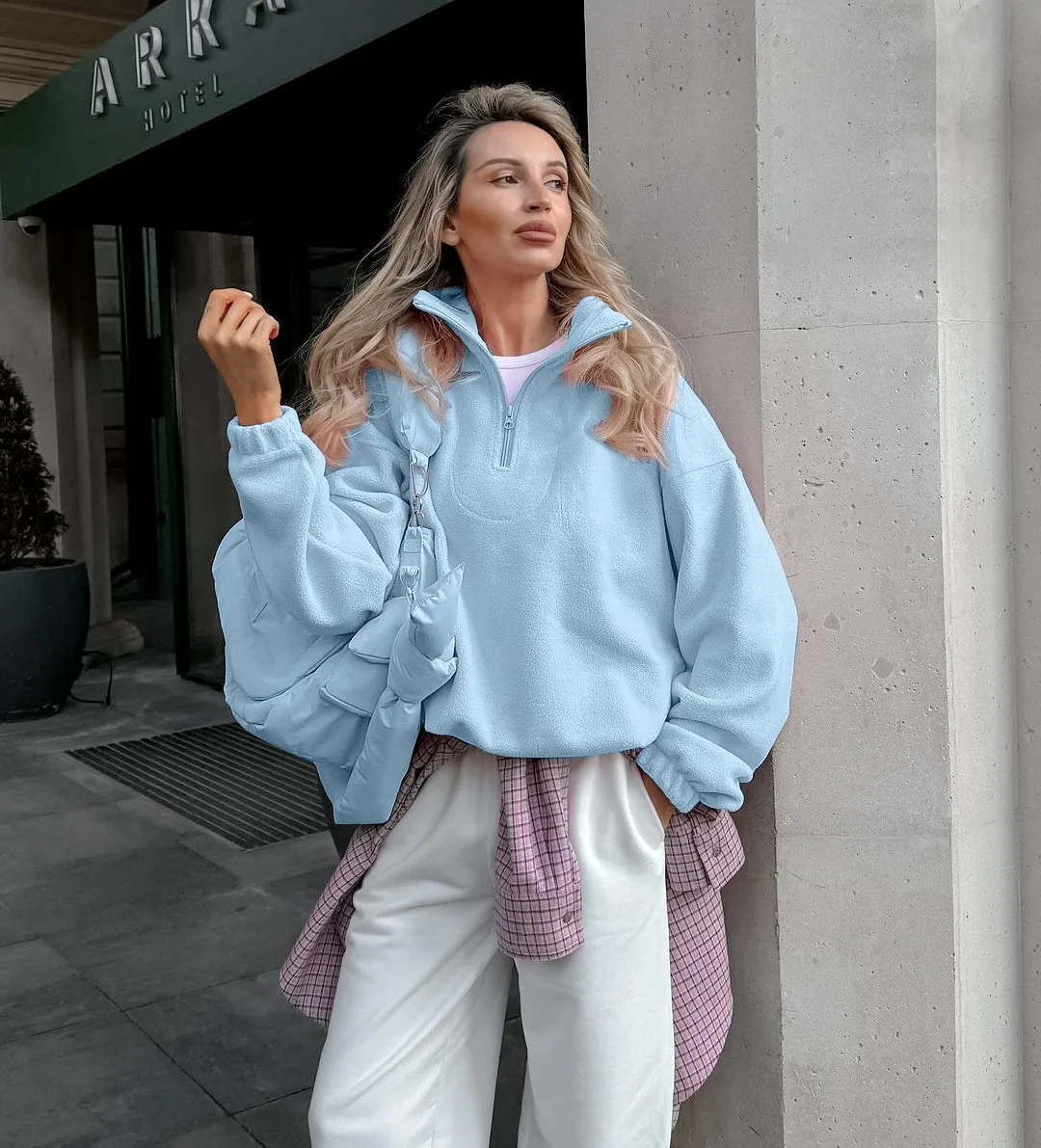 Loose Fit Pullover Hoodie Mid Long Length Commuter Style with Regular Sleeve Long Sleeve Notched Lapel Zipper Women Sweatshirt