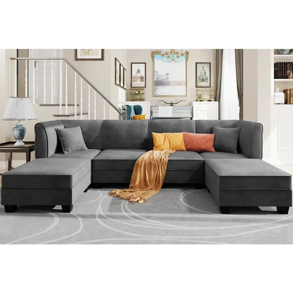 

Sectional Couch Modular Sofa with Reversible Chaise 116" Velvet U-Shaped Couch Sofa 6-seat Modular Large Sectional Couch