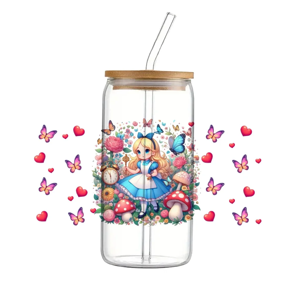 Disney Alice-envoltório de vidro impermeável para café, 3D, UV, DTF, 16oz