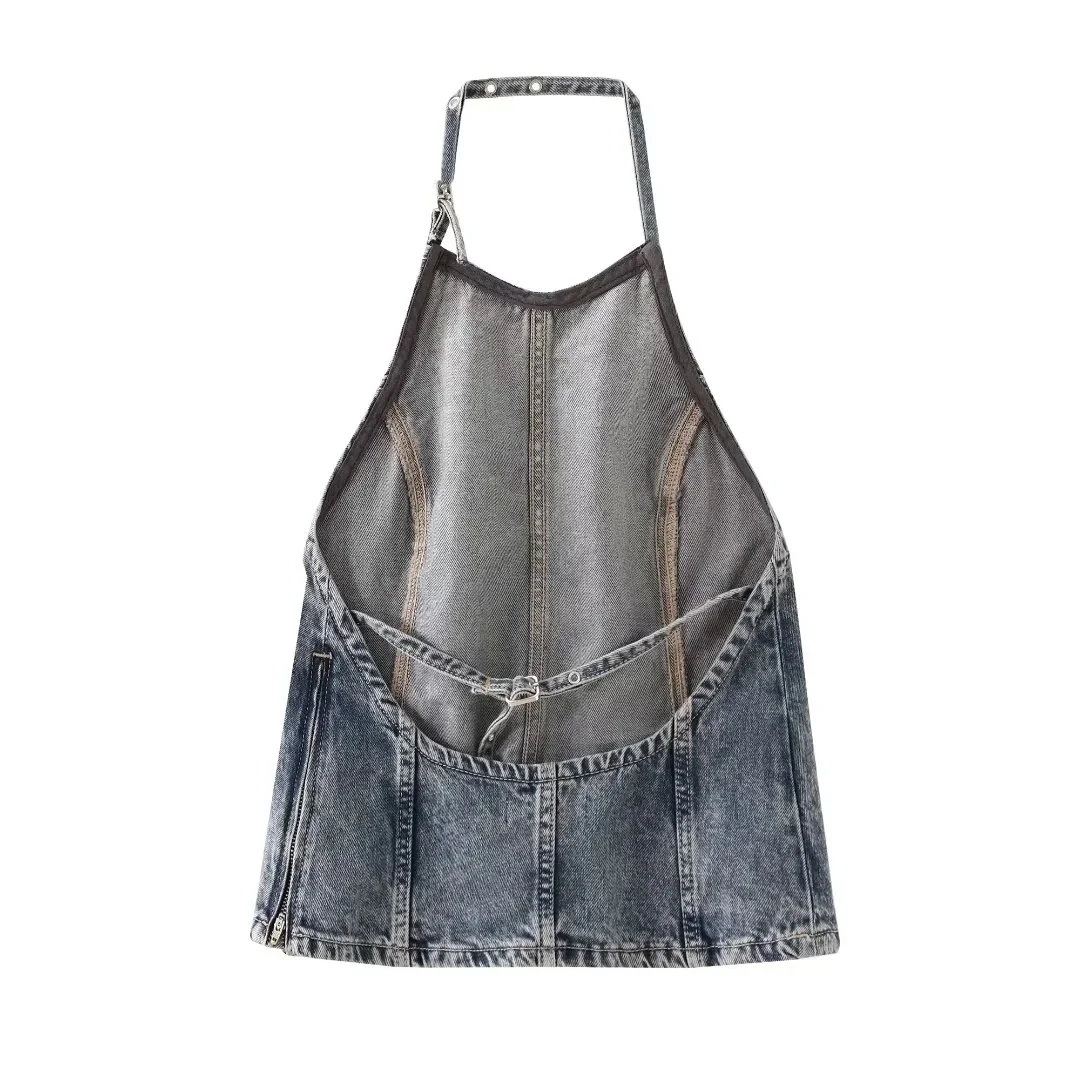 TRAF 2024 Off Shoulder Denim Top Woman Halter Crop Top Women Streetwear Backless Sexy Tank Tops Sleeveless Summer Jeans Tops