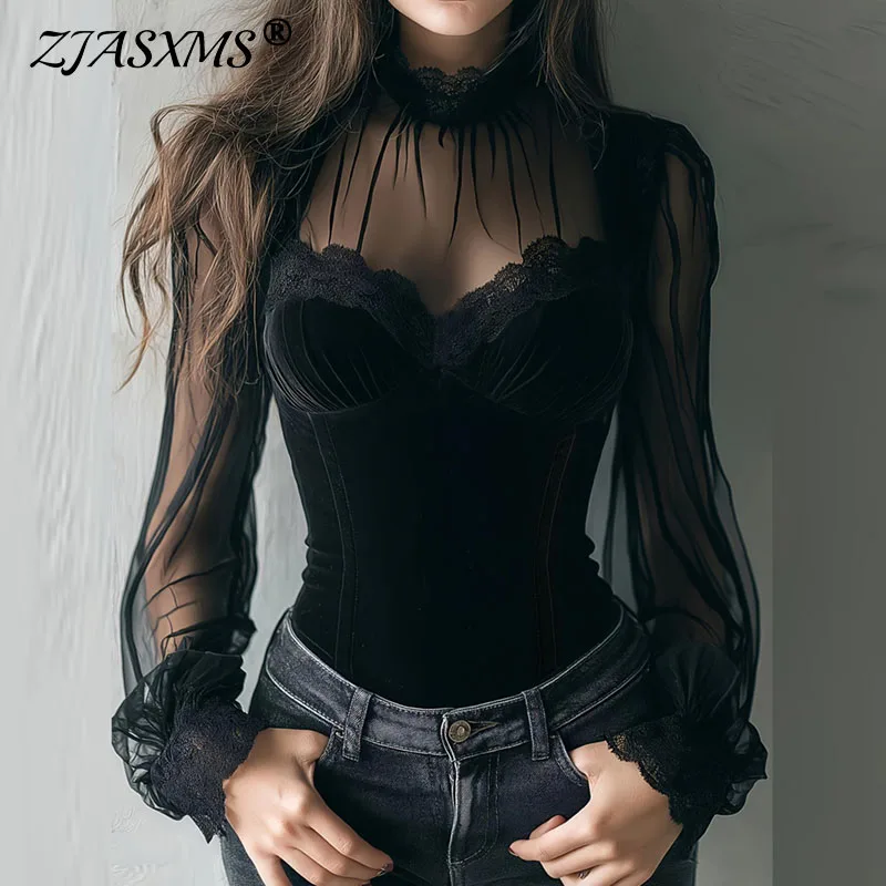 

Весенняя сексуальная блузка из бархата и сетки с пэчворком, элегантный топ с круглым вырезом и кружевной отделкой, осенний прозрачный пуловер с длинными рукавами, облегающая рубашка-бодикон