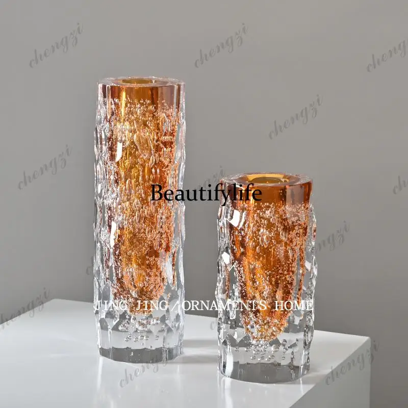 Crystal luxury high-end sense straight cut surface amber flower ware dining table countertop high-end vase
