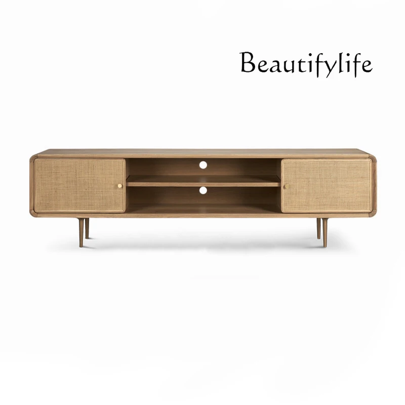 

Retro rattan homestay solid wood TV cabinet small apartment floor locker modern simple living room