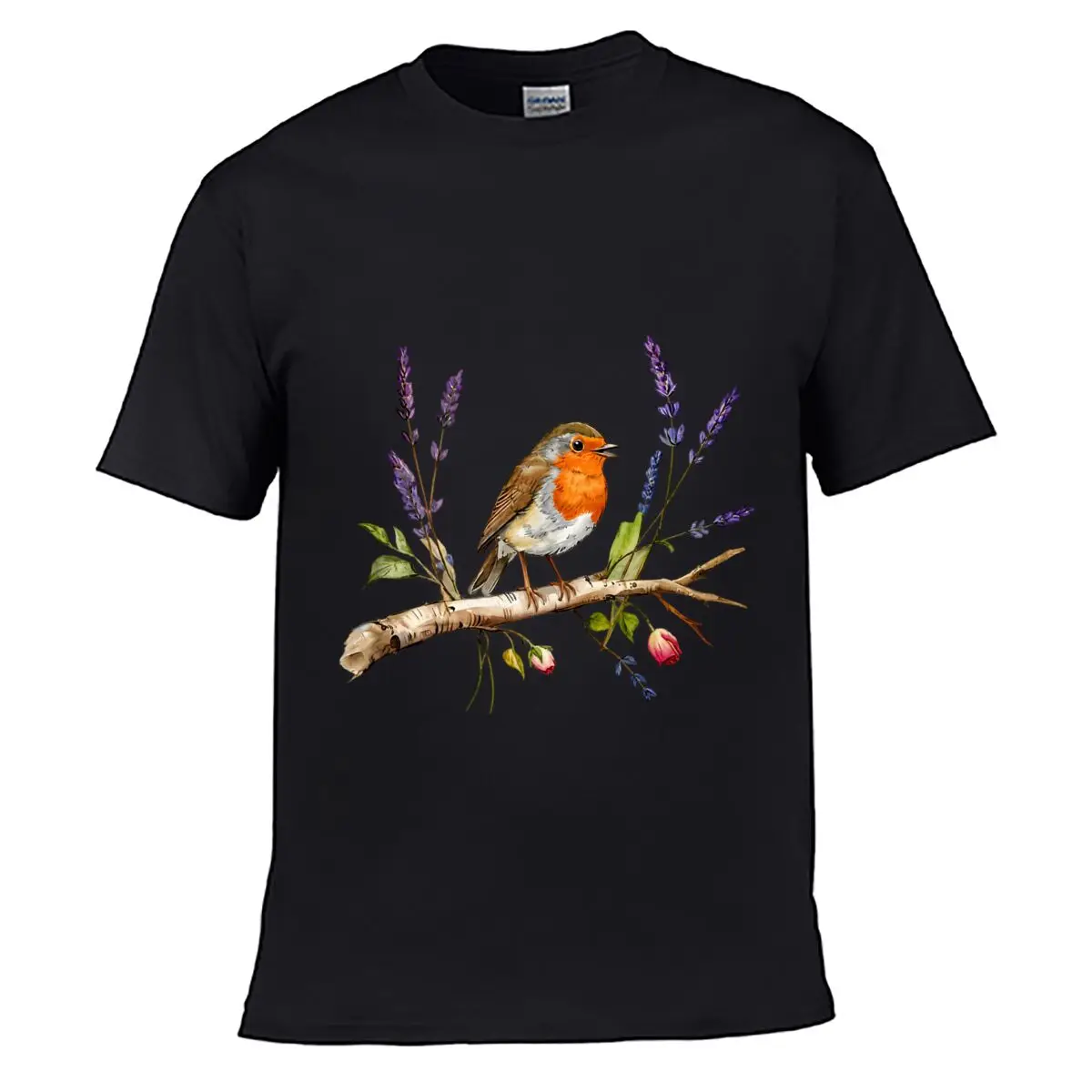Peaceful Robin Bird Standing On Branch Lavender Floral Street Loose Simple Tee
