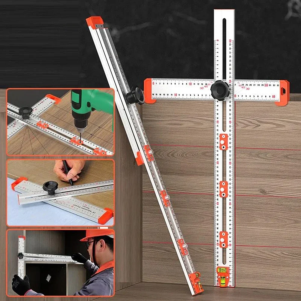 4 in 1 Drilling Positioning Ruler Combination Angle Ruler T-Shaped Ruler Cabinet Hardware Jig Drawer Installation Woodworking