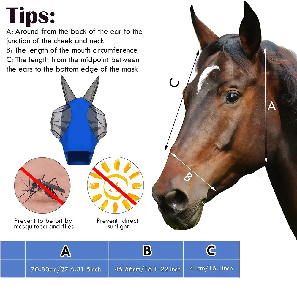 1Pcs Horse Fly Mask with Ears,Horses Face Masks for Flies, Breathable Mesh Eye Cover, UV Protection Horse Masks for Pasture Barn
