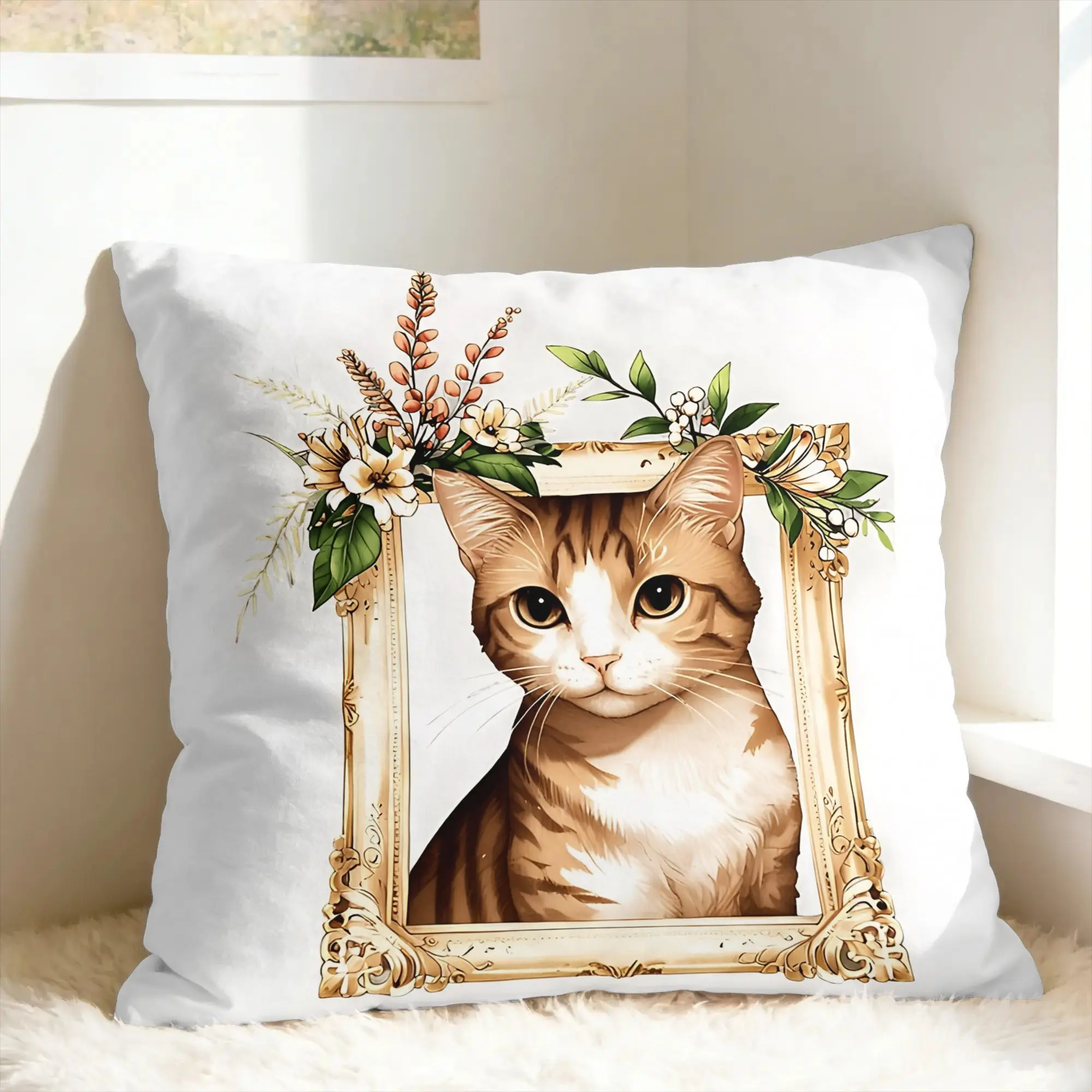 Cute Caroon Cat Portrait Photo Frame Art Pillowcases  Funny Pillow Case For Sofa Home Decoration Graphic Pillow Cover