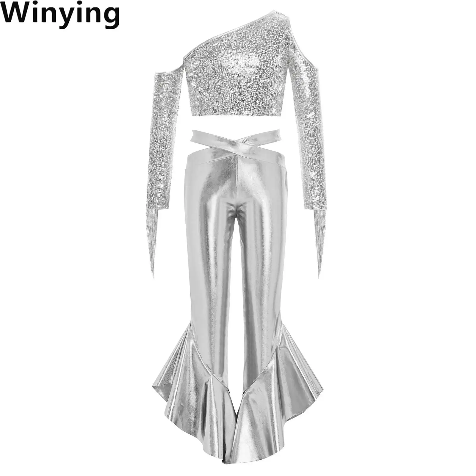 

Kids Girls Disco Jazz Modern Dance Outfit Tango Cha-cha Performance Costume Set One Long Sleeve Tassel Sequin Crop Top And Pants