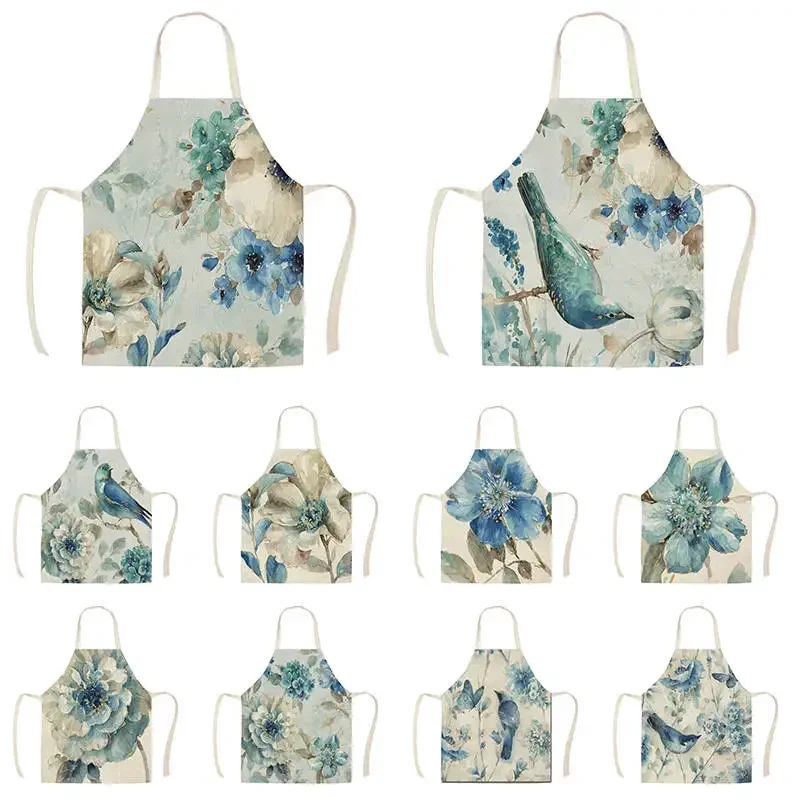 Blue Flower and Bird Pattern Kitchen Apron for Men and Women Household Cooking Bakery Cleaning Cotton and Linen Apron Tablier