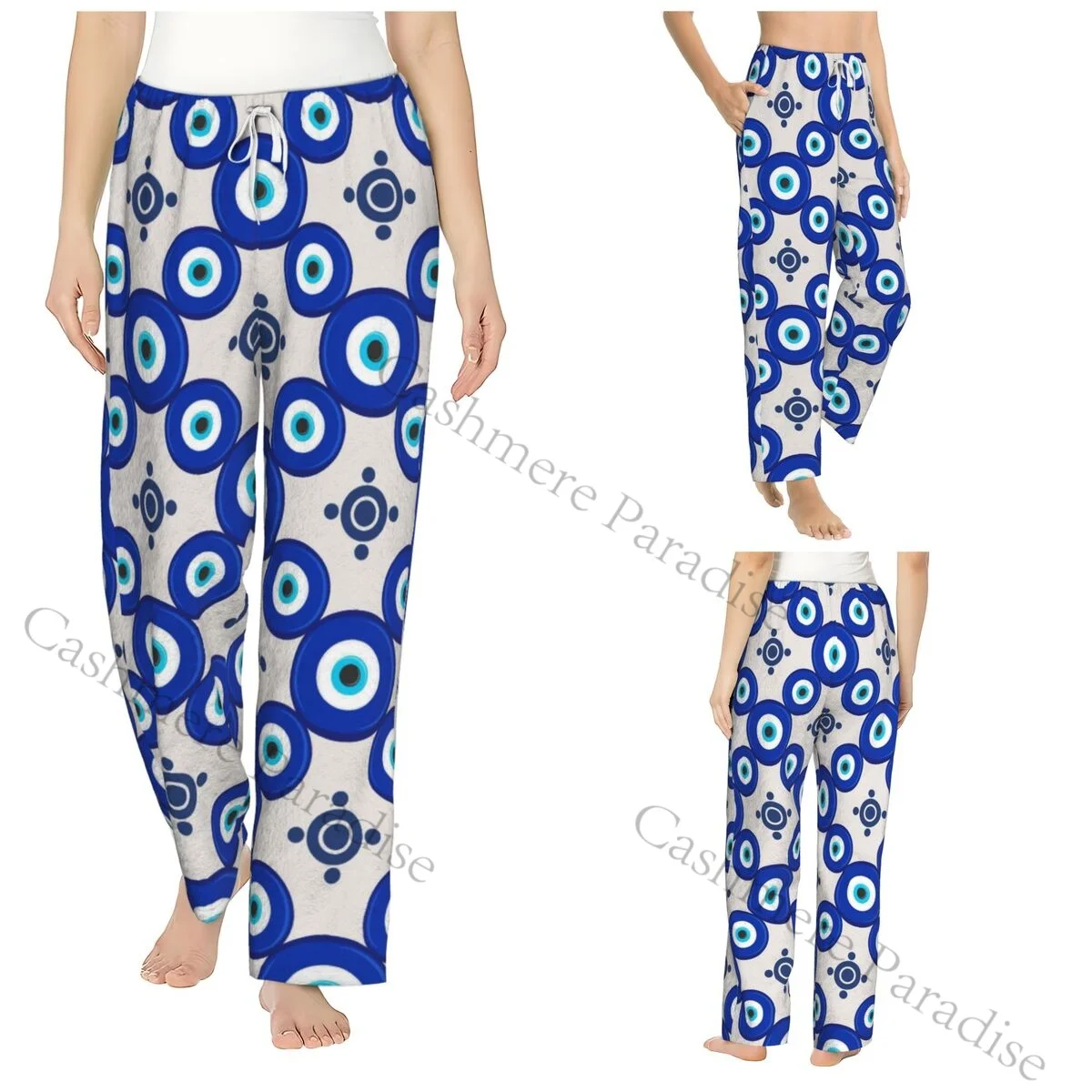 

Mediterranean Blue And Gold Evil Eye Flannel Pajama Pants for Women Soft Warm Sleep Pants with Elastic Waistband