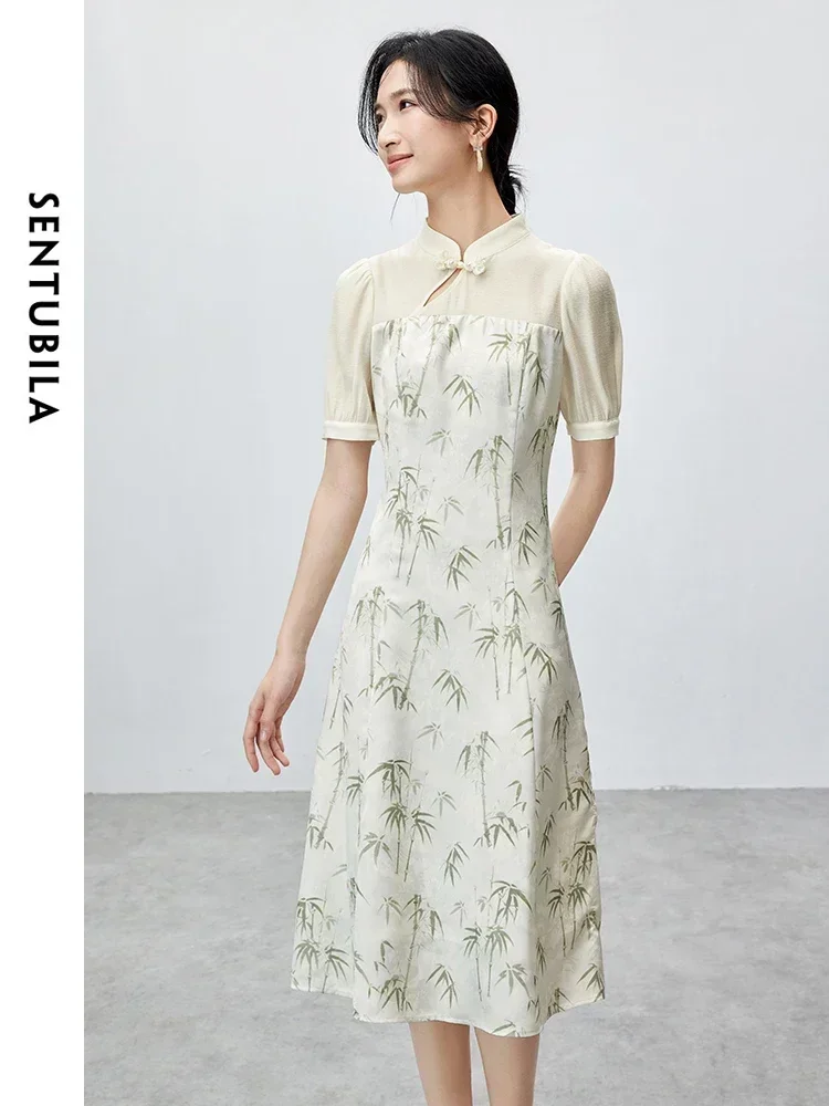 ชุดเดรสผู้หญิงสไตล์จีน SENTUBILA รุ่นปี 2025 สำหรับฤดูร้อน ดีไซน์หรูหรา คอตั้งเล็ก ลายพิมพ์ไม้ไผ่ เหมาะสำหรับงานปาร์ตี้ งานกลางคืน ชุดเดรสสุดสง่างาม รุ่น 142L54578