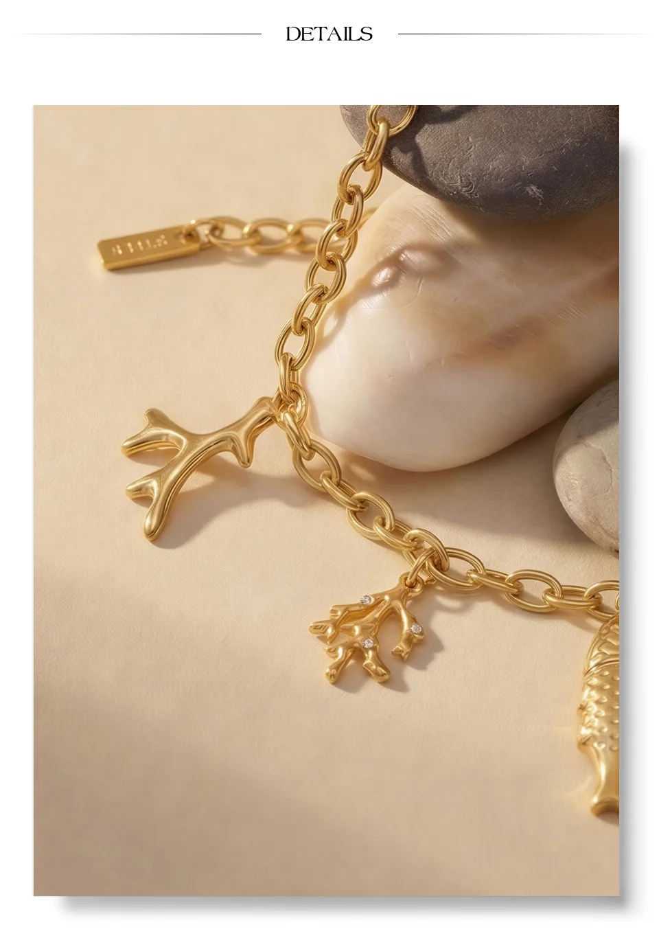 Yhpup Ocean Style Stainless Steel Chain Fish Shell Drop Bracelet Bangle 16K Golden PVD Plated Waterproof Summer Trendy Jewelry