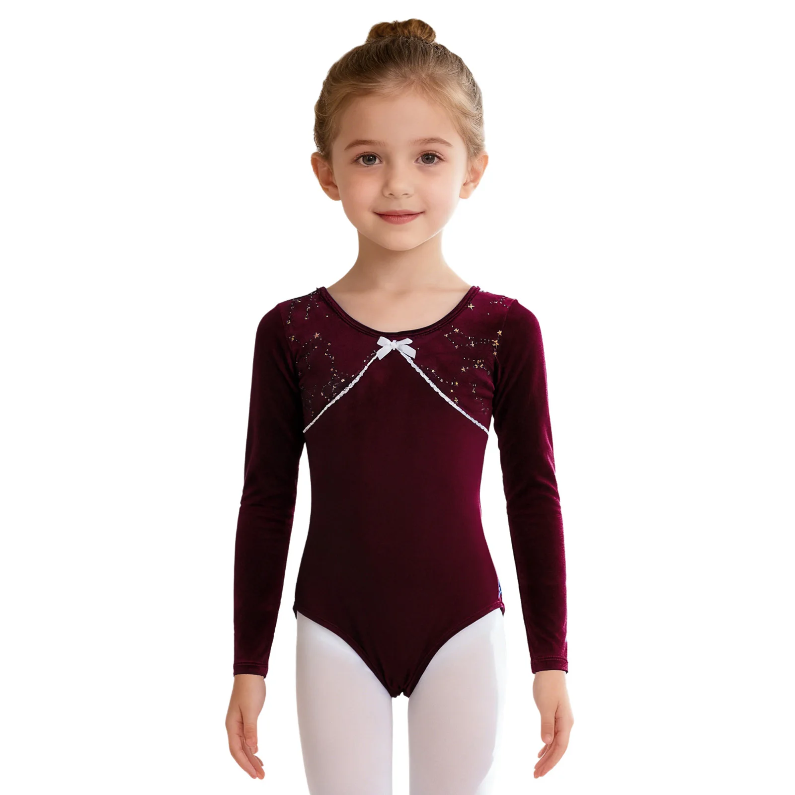 Kids Girls Velvet Ballet Leotard Long Sleeve Bowknot Lace Trim Metallic Stars Bodysuit for Figure Skating Gymnastics Practice