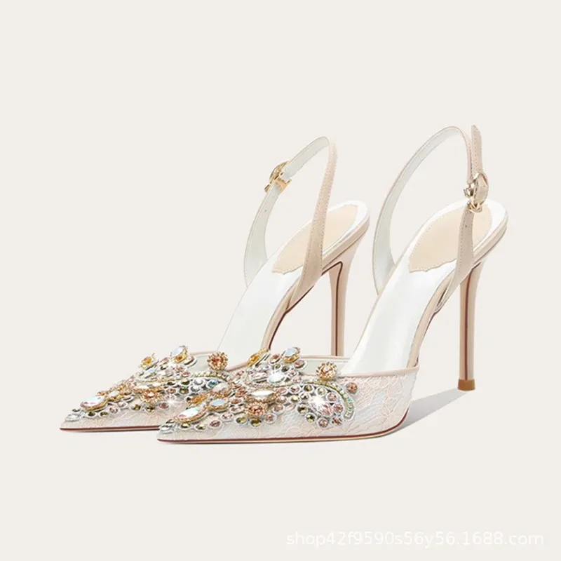 

Satin Mesh Rhinestone Strappy Sandals Fairy-Style Pointed-Toe Pumps Stiletto Bridesmaids Wedding Shoes Sandalias Mujer Verano