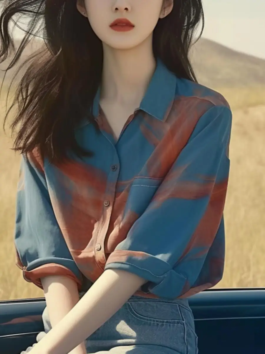 Blue Tie-dye Polo Collar Mid-sleeve Button-piece Shirt for Women Niche Summer New Chic Cardigan Top