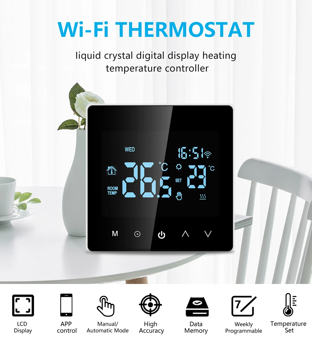 

Tuya Wi-Fi ЖК-сенсорный термостат электрический пол с подогревом воды/газовым котлом приложение для температуры голосовое управление Alexa Google Home